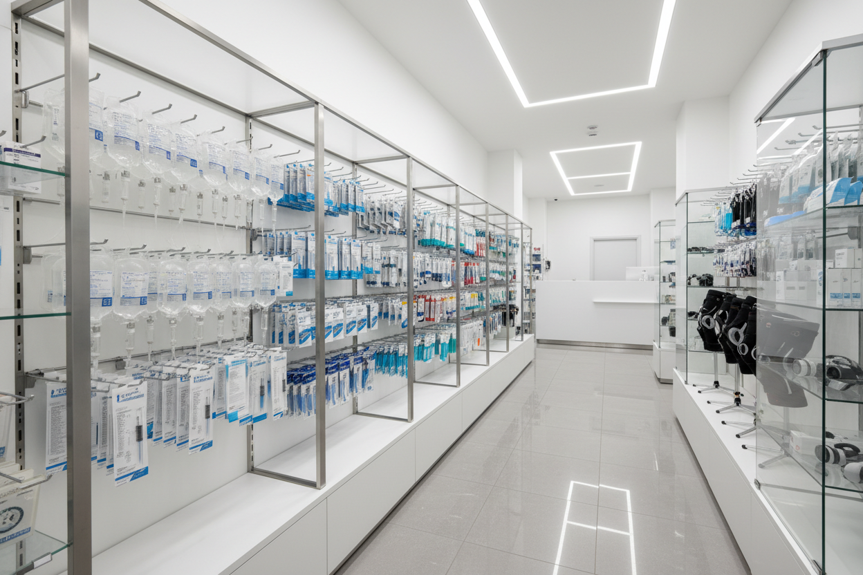 a medical supply store with iv bags, syringes, knee and joint braces in an modern facilityslider_item_iBQqT7